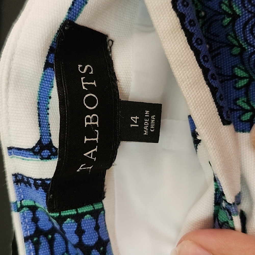 Talbots linen cotton mini skirt glass cup print blue white coastal women sz 14. - Picture 7 of 8